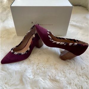 Like New -  Anthropologie Suede Whipstitch Block Heel w/Braiding in Wine - 6.5